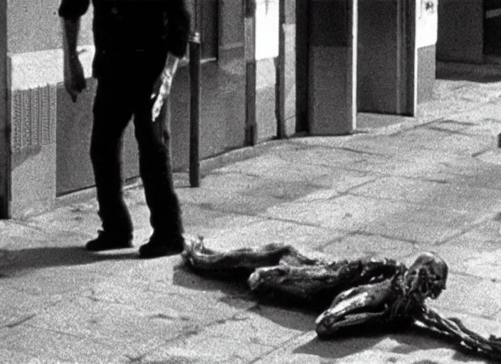 Prompt: disturbing security cam footage of a human corpse walking on the street horror practical fx by david cronenberg dead ringers