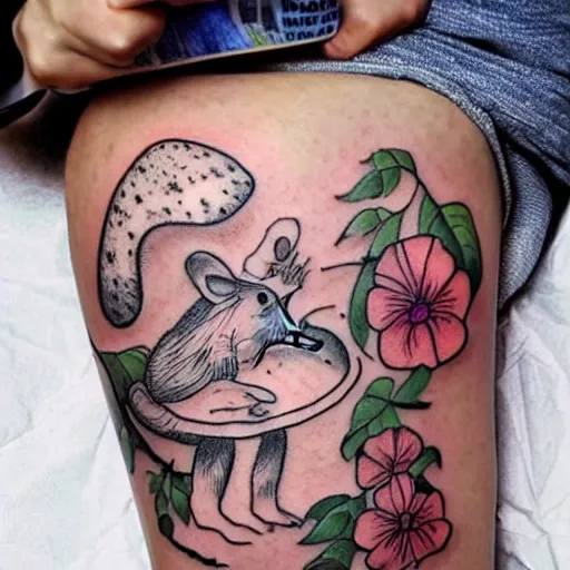 Prompt: tatoo skatch on girl's leg with cute rat reading newspapper sitting on mushroom