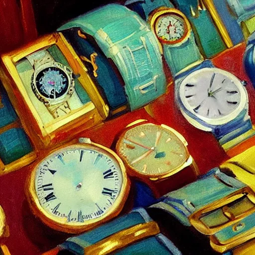 Image similar to an impressionist painting of a treasure chest full of wristwatches