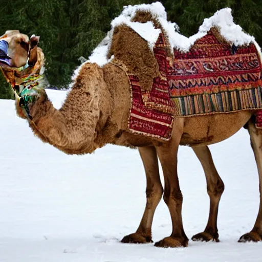 Image similar to a camel carrying a giant block of ice