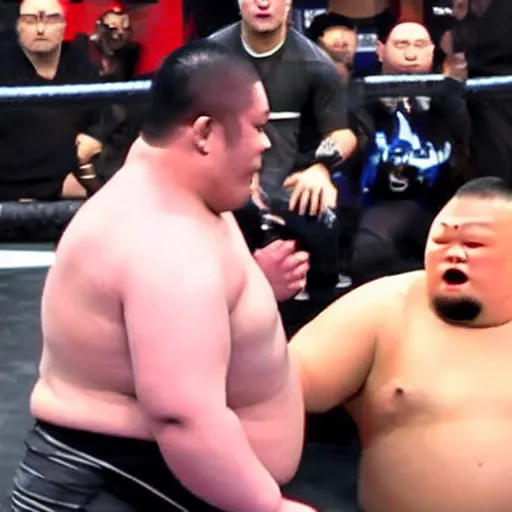 Image similar to robocop sumo wrestler getting body slammed in the ufc octagon