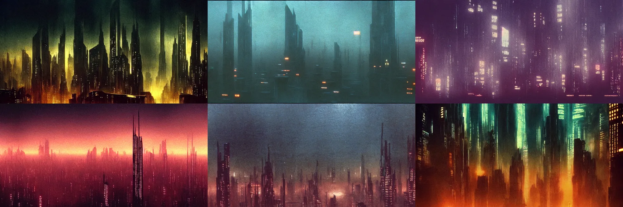 Prompt: 3 5 mm atmospheric dusk night - time photographic landscape of dystopian blade runner 1 9 8 2 city, matte painting, cinematic composition, futuristic dystopian megacity endless various mega - skyscrapers endlessly rising into the!!!!!!!! horizon!!!!!!!!, falling acid rain, neon, dramatic cinematography 3 5 mm