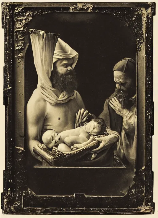 Prompt: old wetplate daguerreotype portrait of birth of jezus, explosion of data fragments, fractal, intricate, elegant, highly detailed, parallax, leica, medium format, subsurface scattering, by jheronimus bosch and greg rutkowski and louis jacques mande daguerre