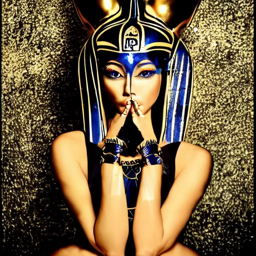 Image similar to Bastet, the cat-headed egyptian goddess, fetish, full makup, medium shot. In the style of Helmut newton, robert maplethorpe, Stefano Brunesci, Lachlan Bailey, Herb Ritts, Ellen Von Unwerth, Haris Nukem, Sardax, Annie Leibovitz. detailed photo, hd, 4k, trending on artstation, 35mm, f1.8