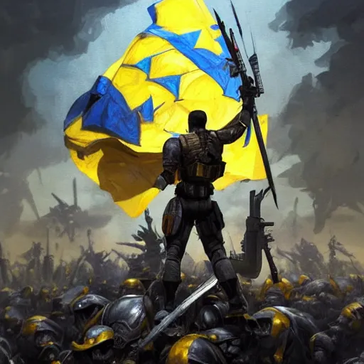 Image similar to a full body shot from distance from behind of a super soldier with a yellow and blue flag standing on a huge pile of skulls in triumph after battle, western, D&D, fantasy, intricate, elegant, highly detailed, digital painting, artstation, concept art, matte, sharp focus, symmetrical, illustration, art by Artgerm and Greg Rutkowski and Alphonse Mucha