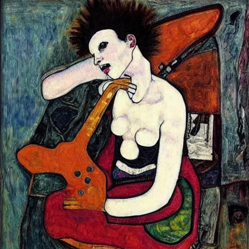 Prompt: Punk Punk Punk girl playing electric guitar, oil painting by Egon Schiele, masterpiece