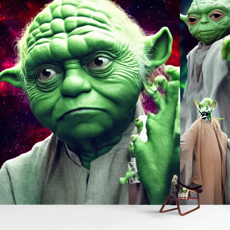 Image similar to a george costanza and yoda hybrid from star wars, high quality portrait photoshoot, bokeh, studio lighting, high fashion photoshoot, nebula space background, 8 k