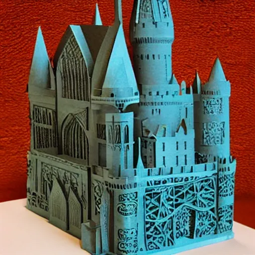 Image similar to intricate cut paper sculpture of hogwarts castle in a book