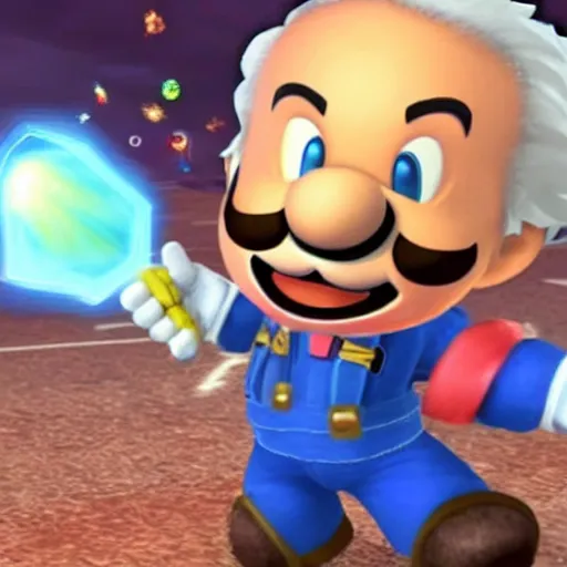 Prompt: announcment Screenshot of a the new smash bros character 'Albert Einstein'