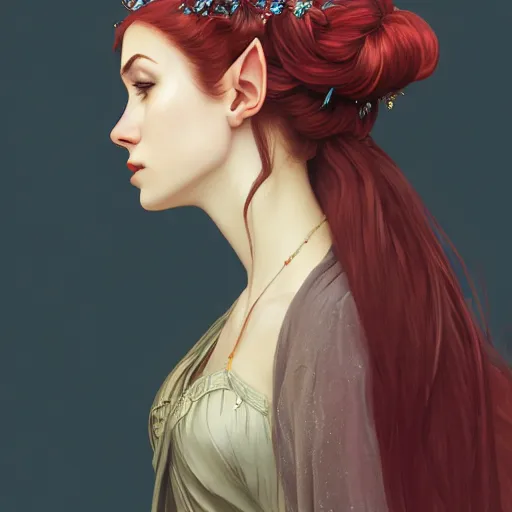 Prompt: side portrait of very beautiful elf, wearing a cloak, black flower crown, hair over face, headshot, looking up, hyper realistic, pale skin, bright red hair, 4k, rule of thirds, extreme detail, detailed drawing, trending artstation, hd, fantasy, D&D, realistic lighting, by Alphonse Mucha, Greg Rutkowski, sharp focus, backlit, elegant