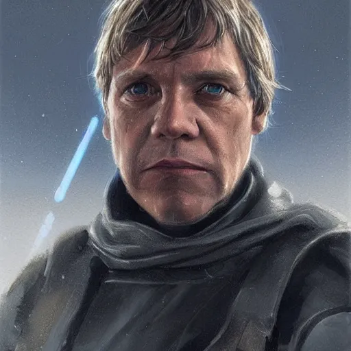 Prompt: portrait of a man by Greg Rutkowski, Commander Luke Skywalker from Star Wars Expanded Universe, he is about 60 years old, wearing tactical gear of the Galactic Alliance, highly detailed portrait, digital painting, artstation, concept art, smooth, sharp foccus ilustration, Artstation HQ