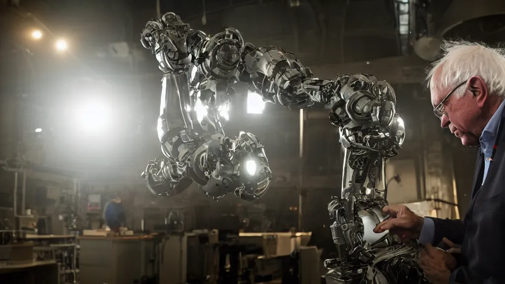 Image similar to bernie sanders putting the finishing touches on a cute clockwork doomsday robot, cinematic moody lighting, sharp focus, imax