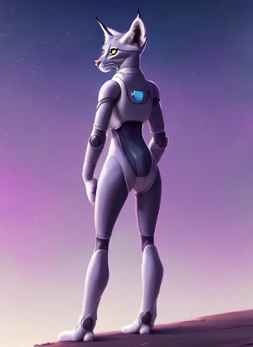 Prompt: wide angle beautiful full body portrait of a strong female anthropomorphic anthro lynx fursona from behind wearing a futuristic space suit. paw pads instead of feet, character design by disney, anime, manga, charlie bowater, ross tran, artgerm, and makoto shinkai, detailed, soft lighting, rendered in octane