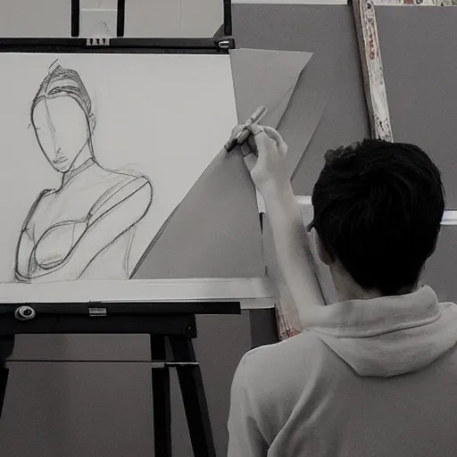 Prompt: art student drawing live model in class