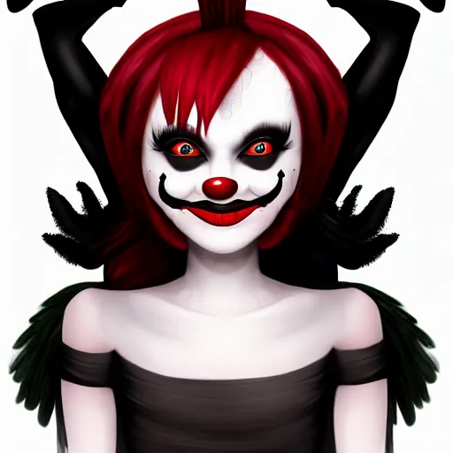 Image similar to A high quality illustration of a smiling goth-clown hybrid with red hair, trending on artstation, cute