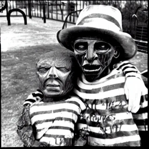 Image similar to a scary demon hugging robert johnson at a mcdonald's playground, photograph