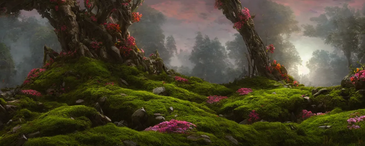 Prompt: sculpture made of flowers and moss, beautiful dynamic lighting, cinematic, wide angle establishing shot, extremely high detail, photo realistic, cinematic lighting, post processed, concept art, artstation, matte painting, style by frederic church, raphael lacoste, unreal engine 8k