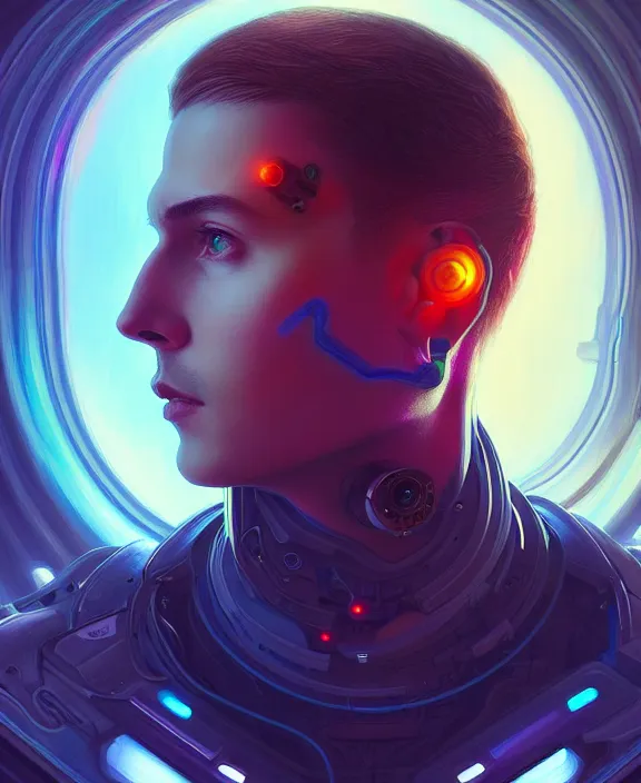 Image similar to a whirlwind inside the metaverse, guy, male, man, hologram, half body, neurochip, android, cyborg, cyberpunk face, by loish, d & d, fantasy, intricate, elegant, highly detailed, colorful, digital painting, artstation, concept art, art by artgerm and greg rutkowski and alphonse mucha