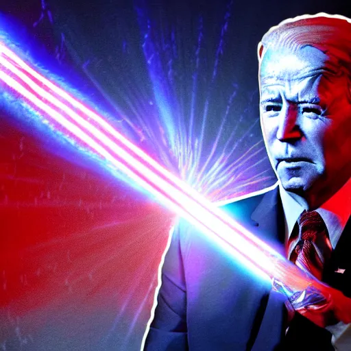 Image similar to god emperor joe biden shooting red lasers out of his eyes. fantasy art. vhs filter effect. film grain. dark.