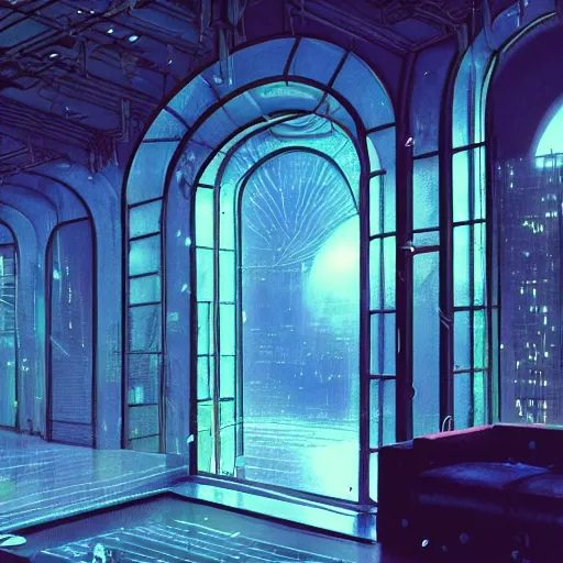 Prompt: 80s interior with arched windows, neon rain, hanging plants, cinematic, cyberpunk, lofi, calming, dramatic, fantasy, by Moebius, by zdzisław beksiński, Fantasy LUT, high contrast, epic composition, sci-fi, dreamlike, surreal, angelic, cinematic, 8k, unreal engine, hyper realistic, fantasy concept art,