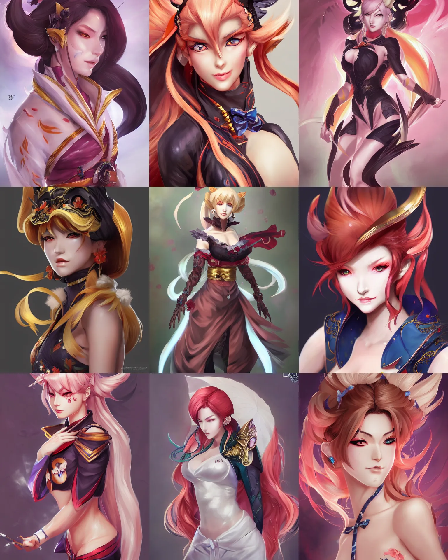 Prompt: A beautiful kitsune woman, official Genshin Impact character concept, League of Legends official character concept, anime, by Artgerm and Sakimichan, professional character designer, trending on Artstation, highly detailed, cgsociety