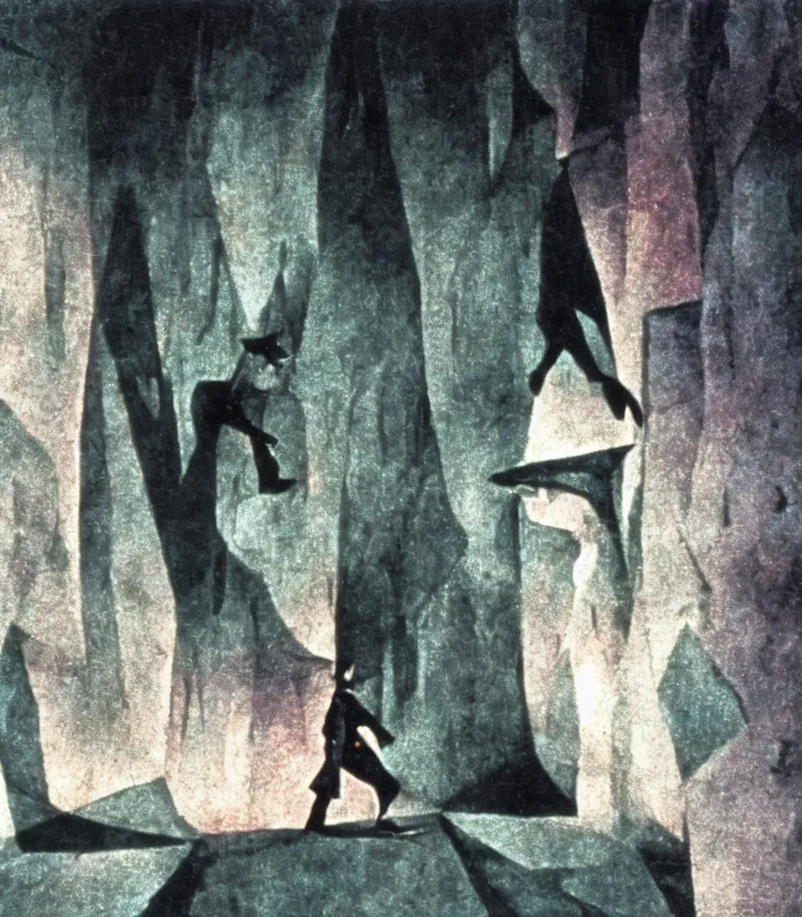 Image similar to high quality high definition colorized movie still from Cabinet of Doctor Caligari: a lonely ghost walking alone at night in the woods, high quality silent movie, iridescent color palette