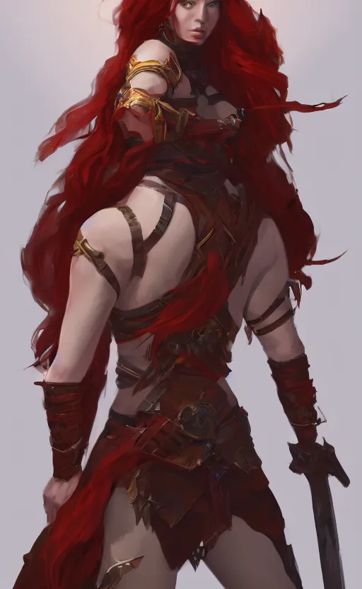 Image similar to full body concept art of a warrior princess with back to the camera, medium length red hair, by stanley lau, rim lighting, sharp focus, trending on artstation