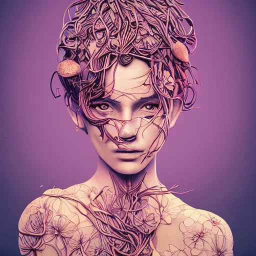 Image similar to the portrait of an incredibly beautiful woman made of potatoes roots and violets, an ultrafine detailed illustration by james jean, final fantasy, intricate linework, bright colors, behance contest winner, vanitas, angular, altermodern, unreal engine 5 highly rendered, global illumination, radiant light, detailed and intricate environment