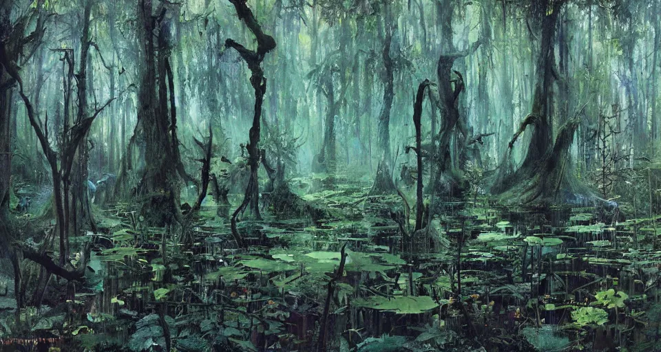 Prompt: A dense and dark enchanted forest with a swamp, by John Berkey