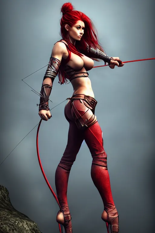 Prompt: sideview of Female archer, dnd, d&d, leggins, red skintight leather armor, red hair, visible face!, beautiful face!, alluring, D-cup, toned derriere, high fantasy, realistic, extremely detailed, matte painting, by wlop and Frank Franzzeta, artstation, cgsociety