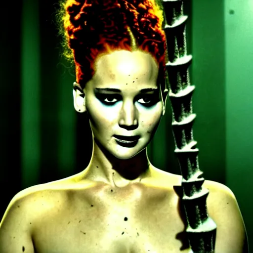 Prompt: jennifer lawrence as the bride of frankenstein, color photography, sharp detail, wicked smile, still from the movie underworld