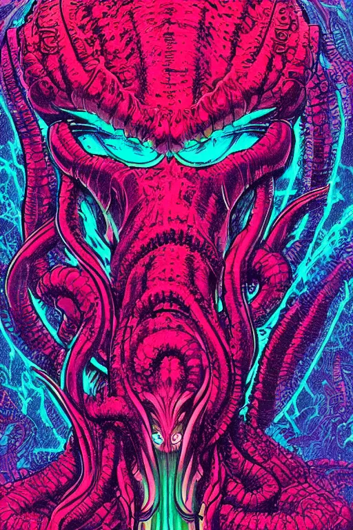 Image similar to comic art portrait of jewel fluorescent evil cthulhu in the style of Rob Lefield and Dan Mumford , trending on artstation, digital art,surrealism ,macro,blueprint ,vaporwave , black outline