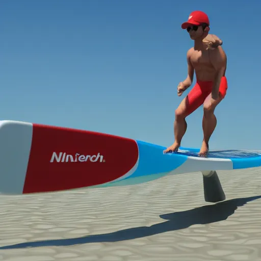 Image similar to 3 d render of nintendo switch as a human, surfboarding waves