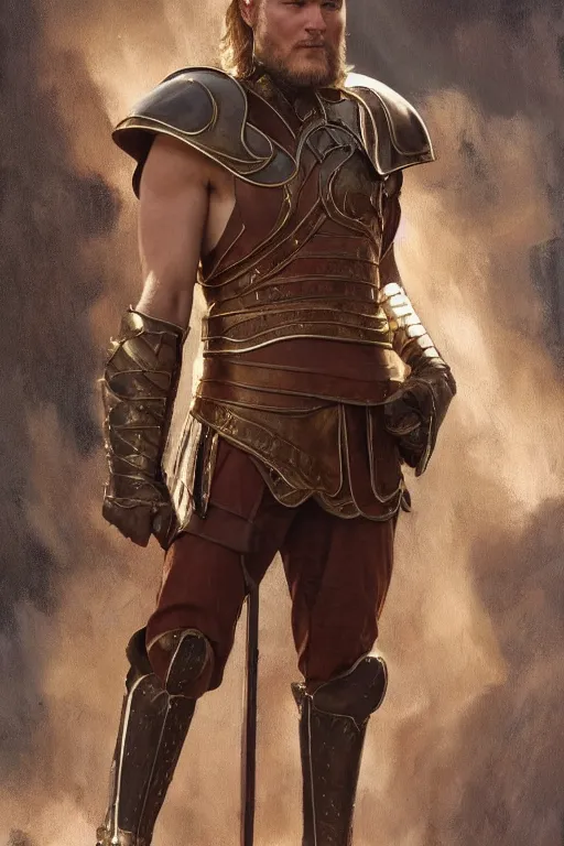 Image similar to Travis Fimmel as Gladiator in the movie Gladiator, oil on canvas, artstation, by J. C. Leyendecker and Edmund Blair Leighton and Charlie Bowater, octane render