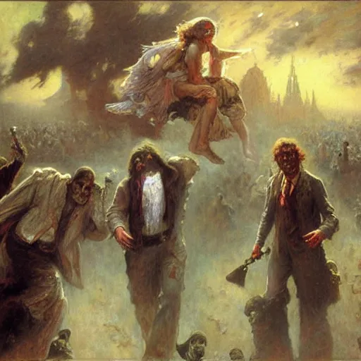 Prompt: john lennon and george harrison as zombies in heaven by gaston bussiere, craig mullins, j. c. leyendecker