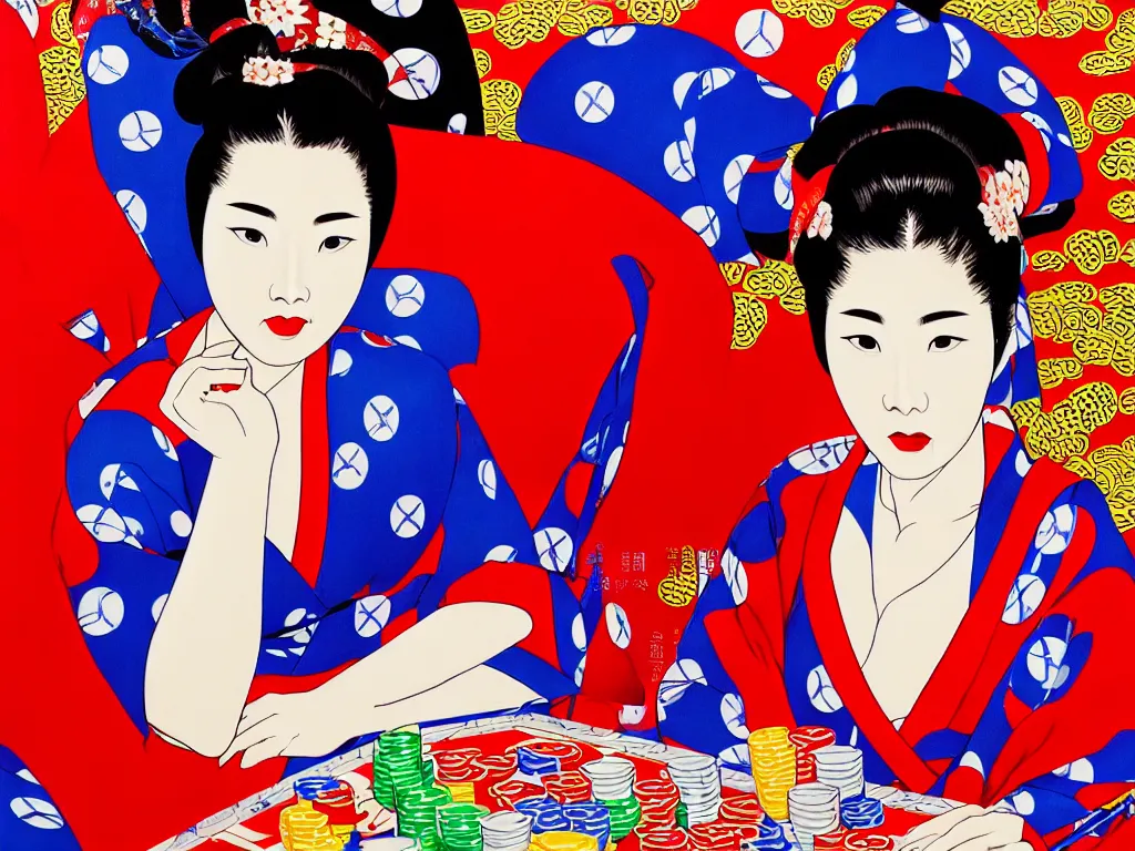 Image similar to hyperrealism composition of the detailed woman in a japanese kimono sitting at a poker table with superman, fireworks on the background, pop - art style, jacky tsai style, acrylic on canvas