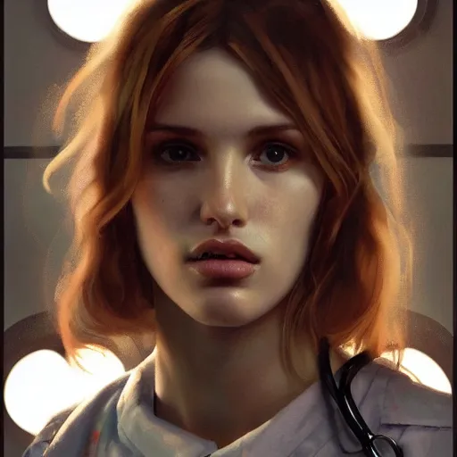 Prompt: full figure bella thorne as a nurse, hyperrealistic portrait, bladerunner street, art of elysium by jeremy mann and alphonse mucha, fantasy art, photo realistic, dynamic lighting, artstation, poster, volumetric lighting, very detailed face, 4 k, award winning