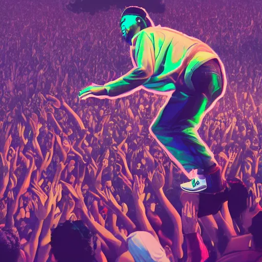 Prompt: rapper leaning over huge crowd reaching up to him, digital art, vapor wave, hip hop, trending on Artstation, professional artist, detailed, 4k