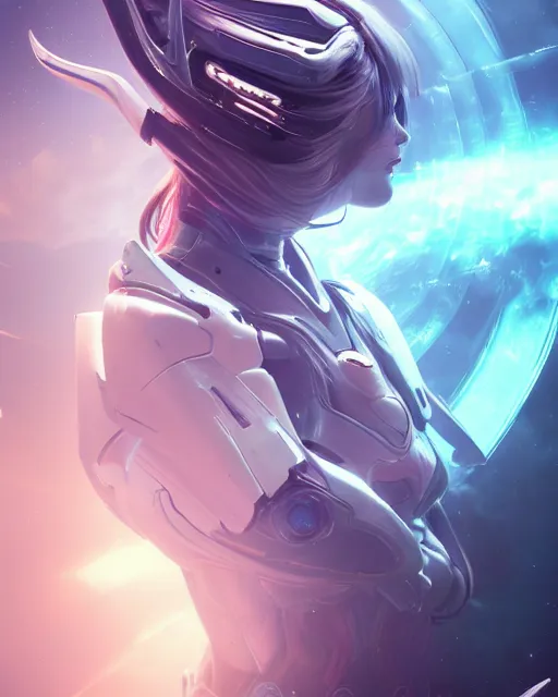 Image similar to perfect android girl on a mothership, warframe armor, beautiful face, scifi, futuristic, galaxy, nebula, raytracing, dreamy, long white hair, blue cyborg eyes, sharp focus, cinematic lighting, highly detailed, artstation, divine, by gauthier leblanc, kazuya takahashi, huifeng huang