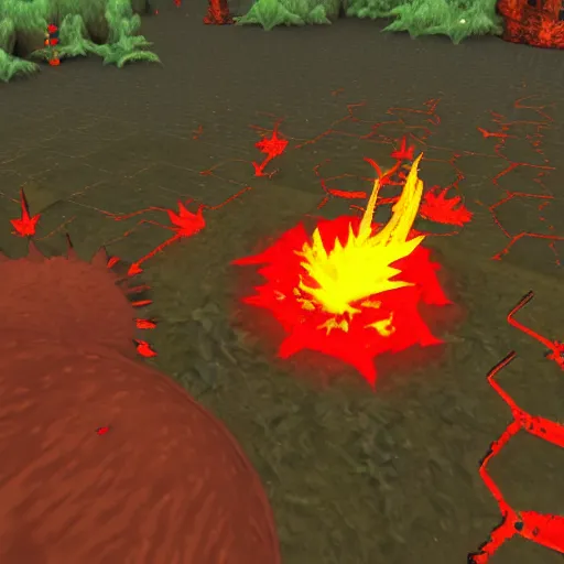 Image similar to TzKal-Zuk at the Inferno, old school runescape, lava river, magma, large shield of magma, obsidian pillars