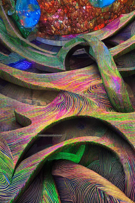 Image similar to hyperrealistic abstract close-up psychedelic!! Frank Wright's architecture turns into biotech Zarhi Khalid's architecture!!! in the form of a mobius strip on a mountain landscape!!! parts of the house hang as consoles in the form of lily petals, octane render, hd