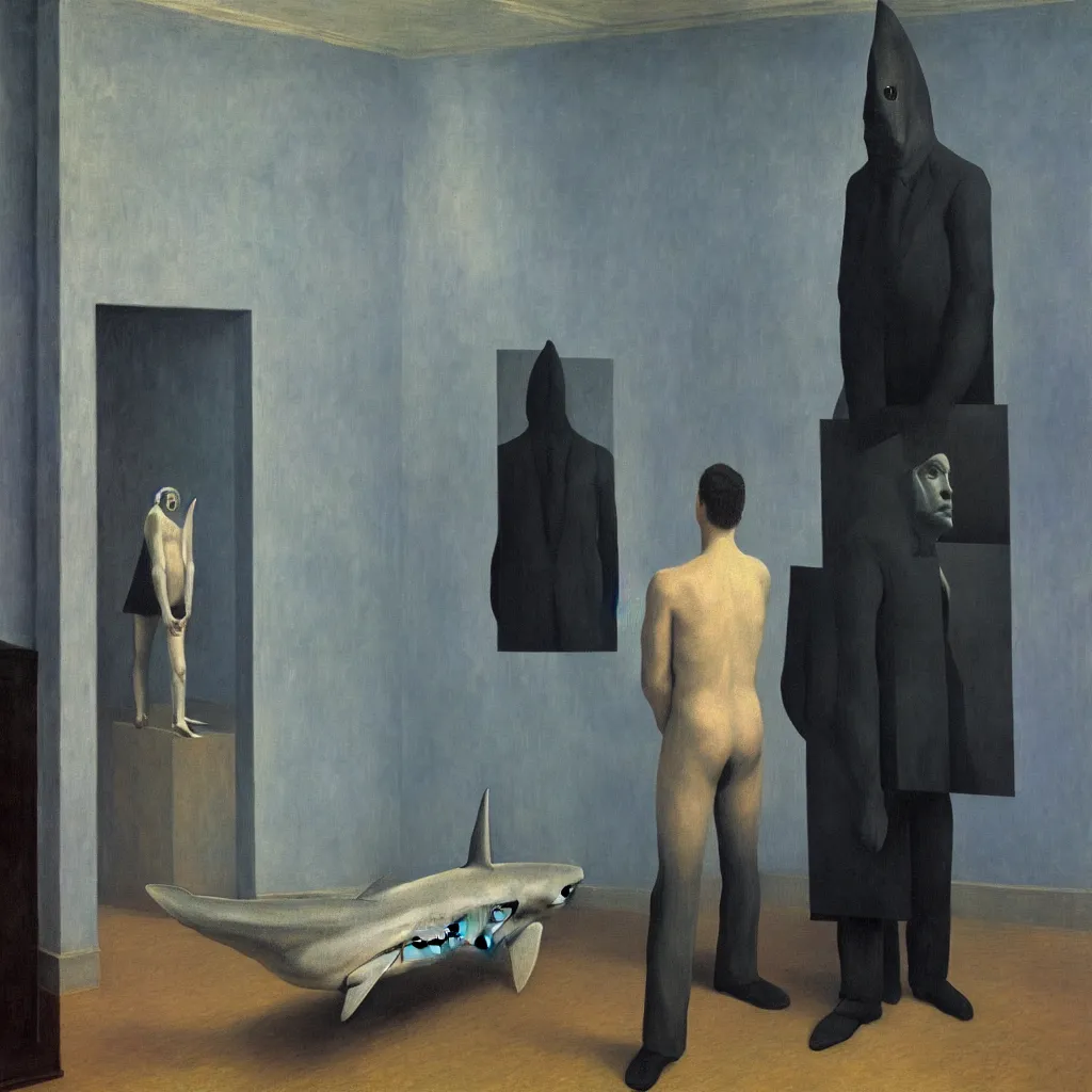 Image similar to self portrait of a shark humanoid man in an empty room, by rene magritte, monet, and turner