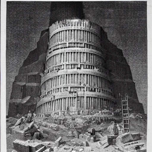 Prompt: construction of the tower of Babel, ancient photography