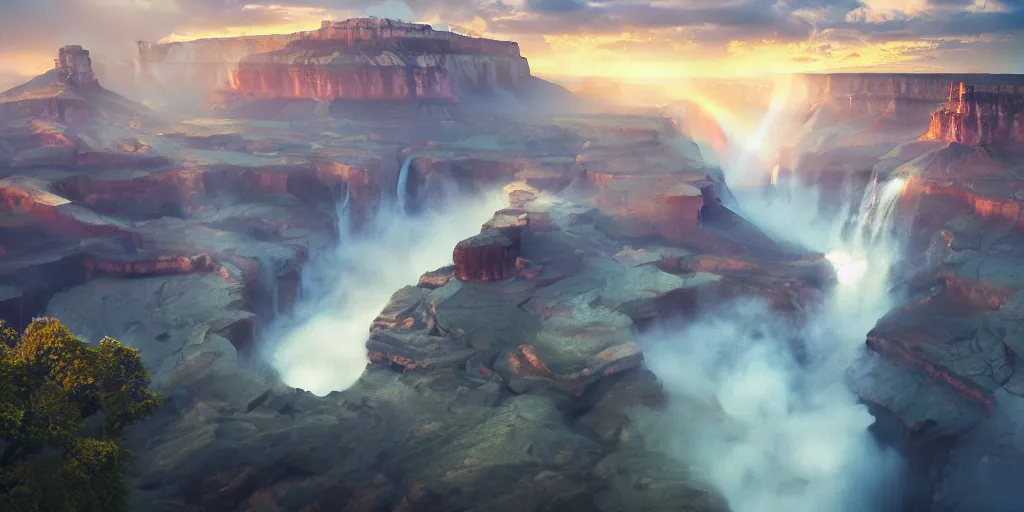 Prompt: The Grand Canyon, Niagara Falls, detailed oil painting, cinematic angle, hyperrealistic, breathtaking, volumetric lighting, cinematic lighting, dynamic, Studio Ghibli, digital art, octane render, epic composition, trending on artstation, masterpiece