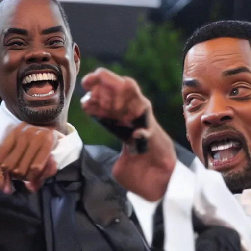 Prompt: chris rock slapping will smith on stage, cinematic, candid photography