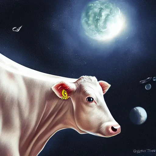 Prompt: cow in space by by geoffroy thoorens