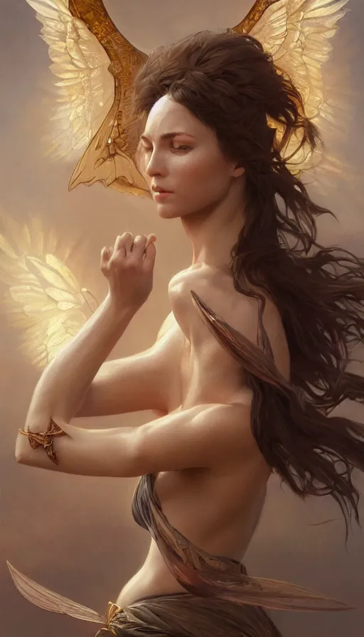 Image similar to seraphim, perfectly-centered-painting of the most beautiful women on the planet, sweaty, dynamic action pose, insane, intricate, highly detailed, digital painting, artstation, concept art, smooth, sharp focus, illustration, Unreal Engine 5, 8K, art by artgerm and greg rutkowski and alphonse mucha