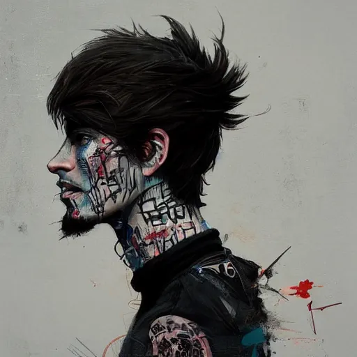 Image similar to punky beautiful boy profile picture by Greg Rutkowski, long hairs, asymmetrical, Organic Painting, geometric shapes, hard edges, graffiti, street art, trending on the artstation