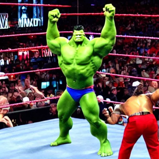 Image similar to supermen and hulk at WWE smacking down Vince McMahon