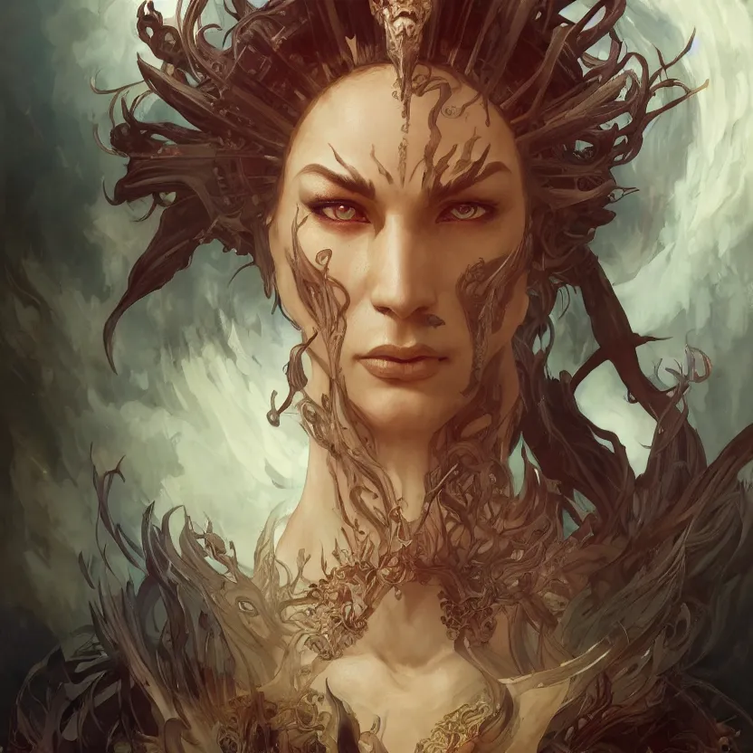 Prompt: beautiful illustrated portrait of a demon lord, symmetrical detailed face artwork, painted, 4k, trending on artstation, octane render, art by artgerm and greg rutkowski and alphonse mucha and craig mullins and James Jean and Andrei Riabovitchev and Marc Simonetti and peter mohrbacher